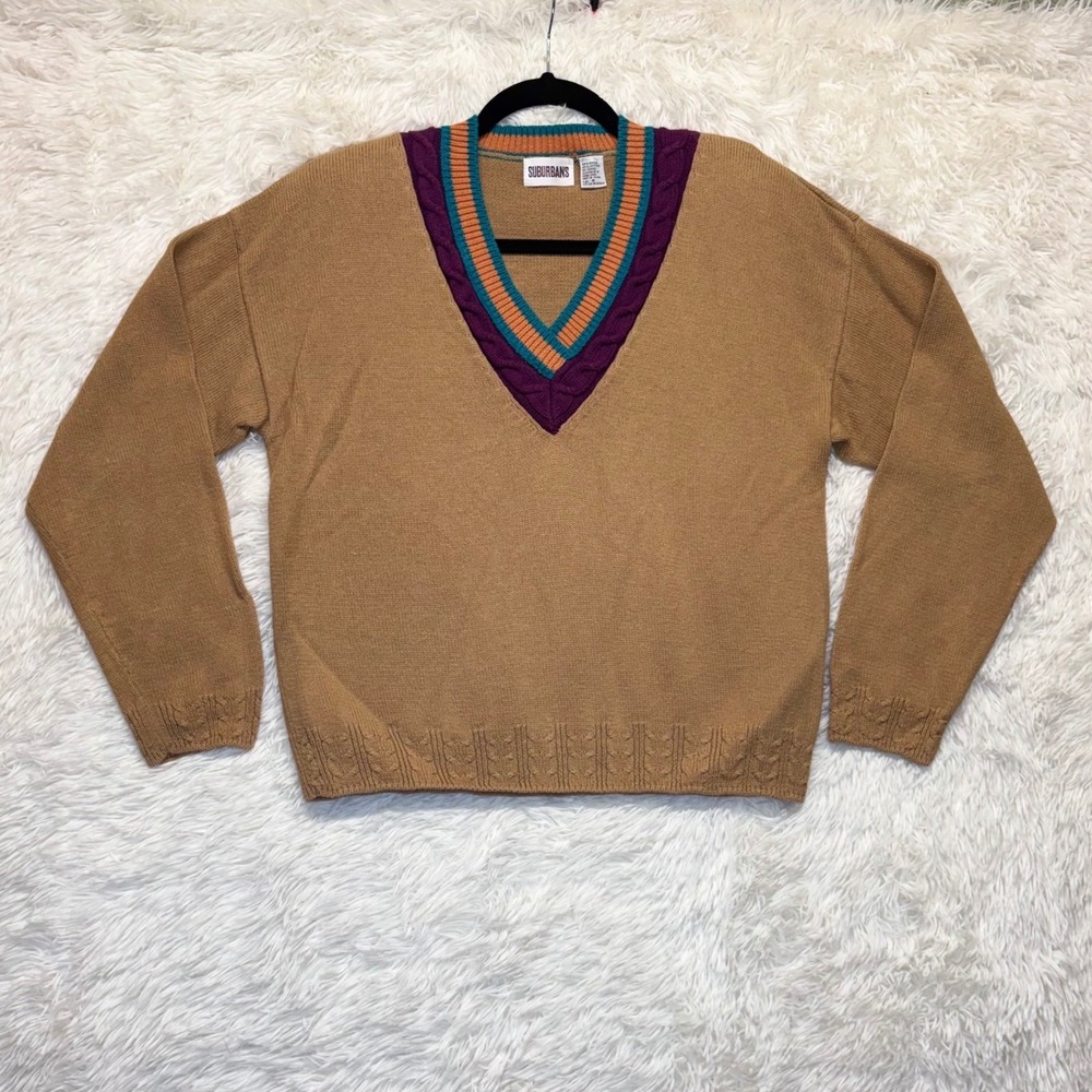 Vintage Suburbans V-Neck Sweater Tan Purple Teal Trim Ramie Cotton Womens Medium